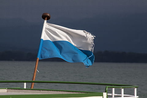 flag, blue, white, sky, flutter, water, forest, ship, bavaria, patriotism, no people, nature, environment, wind, focus on foreground, day, outdoors, waving, pride, pole, textile, low angle view, nautical vessel, 4K, CC0, public domain, royalty free