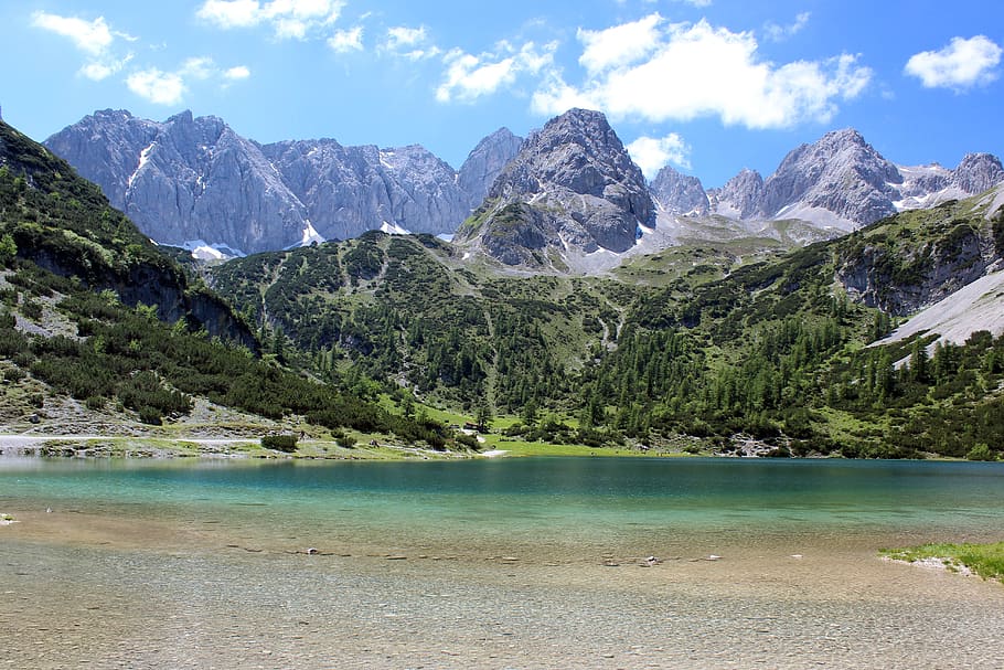 Austria, Seebensee, escursioni a piedi, escursione, vedere, escursionista, all'aperto, natura, natur, lago, paesaggi, montagne, berge, berg, alpen, Alpi, paesaggio, montagna, bellezza nella natura, acqua, scenics - natura, cielo, scena tranquilla, la tranquillità, scena non urbana, albero, catena montuosa, nuvola - cielo, giorno, idilliaco, pianta, nessuno, ambiente, picco di montagna, formazione, color turchese, 5K