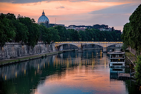 river, bridge, barge, evening, tiber, dome, reflection, romantic, tourism, rome, italy, built structure, architecture, connection, bridge - man made structure, building exterior, water, sky, cloud - sky, arch bridge, transportation, nature, sunset, building, tree, arch, city, no people, 5K, CC0, public domain, royalty free