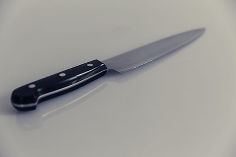 knife, sharp, kitchen, utensils, reflection, single object, studio shot, indoors, still life, pen, close-up, knife - weapon, no people, metal, copy space, white background, high angle view, kitchen knife, equipment, table, silver colored, writing instrument, cut out, steel, black color, alloy, aggression, 5K, CC0, public domain, royalty free