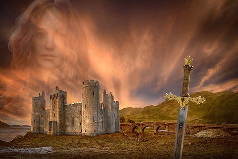 castle, sunset, clouds, medieval, architecture, beauty, sky, landscape, cloud - sky, built structure, city, nature, building, skyscraper, dramatic sky, building exterior, office building exterior, environment, urban skyline, adult, one person, outdoors, fantasy, cityscape, ominous, contemplation, digital composite, ruined, 5K, CC0, public domain, royalty free