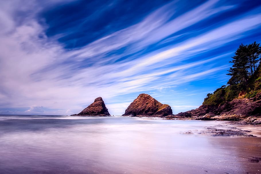 foto de lapse de temps, vora del mar, platja, bonic, núvols, alba, hdr, idíl·lic, paisatge, naturalesa, oceà, oregon, roques, rocós, sorra, escènic, mar, paisatge marí, cel, pedres, posta de sol, arbres, aigua, bellesa a la natura, escenics - natura, núvol - cel, tranquil·litat, escena tranquil·la, cap gent, davant del mar, rock, formació de roca, exposició llarga, rock - object, escena no urbana, blau, terra, pila de roca, 1080P