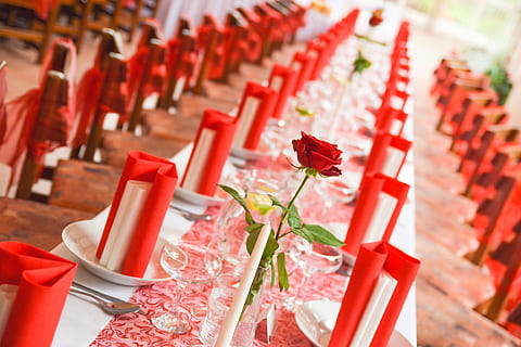 table at wedding, various, wedding, red, in a row, table, seat, no people, place of worship, plant, arrangement, selective focus, religion, large group of objects, chair, flower, nature, focus on foreground, flowering plant, indoors, spirituality, belief, built structure, setting, 4K, CC0, public domain, royalty free
