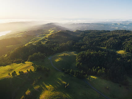 green, tree, grass, path, plant, highland, mountain, valley, hill, landscape, nature, sky, cloud, scenics - nature, tranquil scene, environment, beauty in nature, tranquility, non-urban scene, no people, green color, day, idyllic, growth, land, high angle view, cloud - sky, outdoors, 4K, CC0, public domain, royalty free