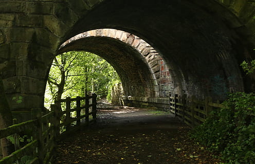 Det Forenede Kongerige, Golcar, bue, arkitektur, bygget struktur, retning, vejen frem, ingen mennesker, plante, dag, natur, træ, tom, udendørs, bro, tunnel, sti, bygning, gammel, rækværk, grøn farve, historie, buet, 2K, CC0, offentligt domæne, royaltyfrie