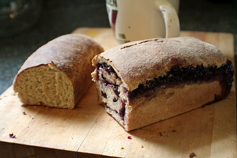 bread, sweet, wheat, loaf, blueberry, cut, slice, breakfast, coffee, cup, fruit, food and drink, food, freshness, close-up, cutting board, baked, no people, indoors, indulgence, ready-to-eat, table, unhealthy eating, still life, wood - material, sweet food, focus on foreground, homemade, loaf of bread, temptation, snack, 5K, CC0, public domain, royalty free