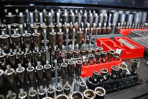 socket toolbox, various, tool, tools, technology, close-up, indoors, no people, equipment, machinery, communication, metal, selective focus, connection, typewriter, text, large group of objects, number, high angle view, industry, red, machine part, control, electrical equipment, 4K, CC0, public domain, royalty free