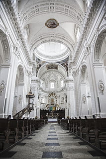 architecture, building, infrastructure, structure, establishment, ceiling, church, sacred, religion, bench, chairs, white, art, painting, built structure, belief, indoors, place of worship, pew, spirituality, arch, the way forward, direction, in a row, travel destinations, diminishing perspective, lighting equipment, architectural column, aisle, altar, architecture and art, ornate, 5K, CC0, public domain, royalty free