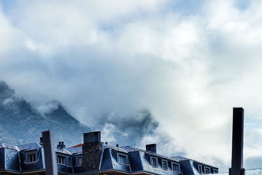 cloud, sky, cloudy, nature, construction, keep, landscape, mountain, building exterior, cloud - sky, architecture, built structure, building, residential district, city, smoke - physical structure, day, communication, no people, sign, pollution, outdoors, environment, storm, chimney, air pollution, extreme weather, 5K