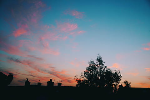 akşam karanlığı, gün batımı, ağaç, gökyüzü, akşam, yaz, gece, yaz geceleri, esinti, sakin, renk, beauitful, arka ışık, siluet, seyahat, doğa, peyzaj, açık havada, bulut - gökyüzü, bitki, turuncu renk, doğada güzellik, mimari, dış yapı, insansız, yapılı yapı, huzur, manzaralar - doğa, sakin sahne, düşük açılı görünüş, bina, 4K, CC0, kamu malı, telif ücretsiz