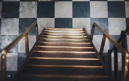 stairs, railing, no people, staircase, selective focus, indoors, architecture, checked pattern, wood - material, steps and staircases, high angle view, pattern, direction, metal, day, the way forward, absence, empty, table, close-up, 4K, CC0, public domain, royalty free