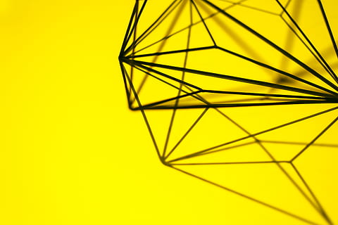 geometric decoration, art, creative, creativity, design, geometric, line, yellow, studio shot, indoors, close-up, no people, colored background, shape, pattern, abstract, single object, still life, art and craft, copy space, man made object, yellow background, metal, man made, geometric shape, focus on shadow, 5K, CC0, public domain, royalty free