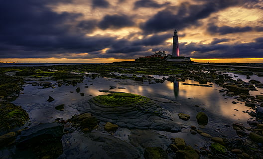 faro durante la puesta del sol, nubes, amanecer, faro, Oceano, mar, marina, costa, cielo, S t. marys faro, puesta de sol, nube - cielo, agua, exterior del edificio, estructura construida, arquitectura, naturaleza, reflexión, torre, paisajes - naturaleza, cielo dramático, nadie, edificio, belleza en la naturaleza, ambiente, ciudad, al aire libre, poder en la naturaleza, 2K, CC0, dominio público, libre de derechos