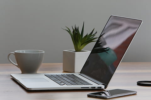 macbook, il computer portatile, computer, tecnologia, i phone, mobile, tazza, pianta, scrivania, ufficio, attività commerciale, tavolo, tecnologia wireless, comunicazione, connessione, in casa, bere, nessuno, cibo e bevande, natura morta, rinfresco, boccale, pianta in vaso, mobilia, 4K, CC0, dominio pubblico, privo di copyright