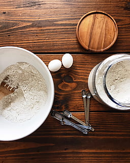 kitchen, wood, ceramic, white, baking, table, food and drink, still life, wood - material, indoors, kitchen utensil, refreshment, drink, high angle view, directly above, food, egg, freshness, ingredient, no people, bowl, eating utensil, preparation, spoon, preparing food, 2K, CC0, public domain, royalty free