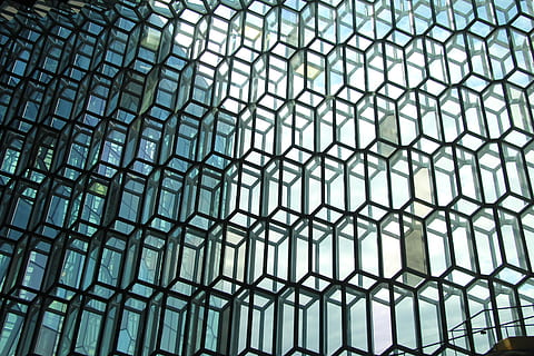 rectangle cube, shaped, 3d, windows., iceland, reykjavík, harpa, glass, architecture, design, facade, pattern, geometric shape, built structure, backgrounds, ceiling, low angle view, indoors, full frame, shape, no people, window, glass - material, circle, sunlight, day, architectural feature, dome, grid, modern, directly below, cupola, steel, 2K, CC0, public domain, royalty free