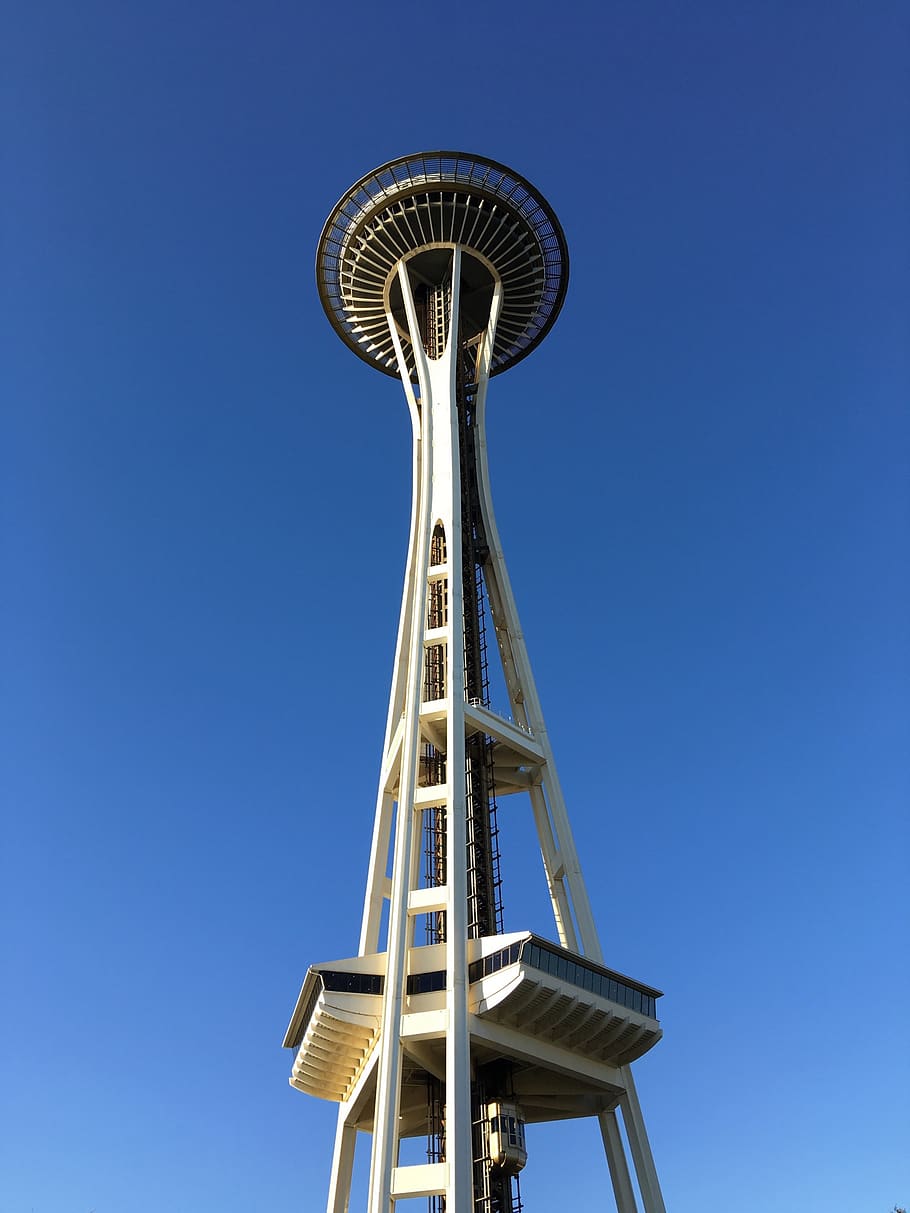Seattle, Estats Units, bucle d’aquest espai, agulla espacial, arquitectura, cel, torre, vista d’angle baix, blau, cel clar, metall, estructura construïda, cap gent, alta - alta, dia, naturalesa, a l'aire lliure, còpia espai, escala, comunicació, destinacions de viatge, tecnologia, turisme, 1080P