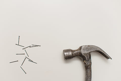 hammer, nails, tools, objects, construction, studio shot, metal, indoors, no people, white background, group of objects, work tool, medium group of objects, diy, still life, simplicity, hand tool, close-up, tool, copy space, nail, colored background, equipment, creativity, silver colored, 1080P, CC0, public domain, royalty free