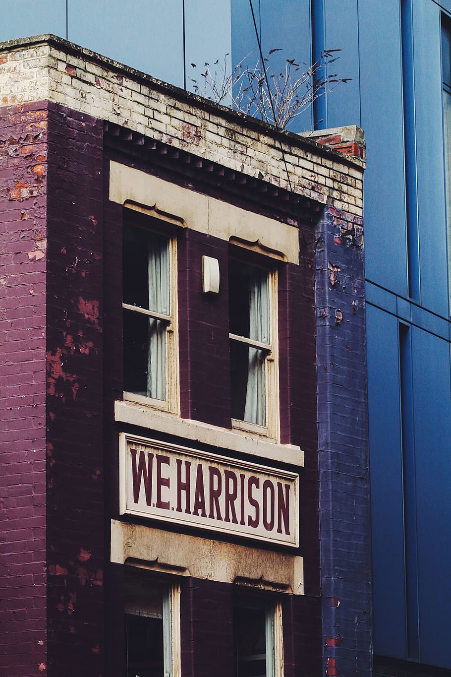 w.e. harrison building, decoració de la llar, finestra, Anglaterra, sheffield, ombra de la finestra, cortina, 33 terrassa regent, edifici, arquitectura, text, obturador, alfabet, maó, paret de maó, porpra, ciutat antiga, UK, llum natural, tipografia, roba de llit, comunicació, exterior de l'edifici, estructura construïda, guió occidental, cap gent, signe, dia, informació, lletra majúscula, ciutat, a l'aire lliure, vista d’angle baix, signe d'informació, blau, naturalesa, paret, 5K