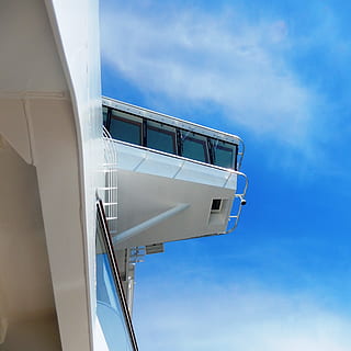 ship, captain, seafaring, sky, cloud - sky, low angle view, architecture, built structure, nature, day, no people, building exterior, blue, railing, outdoors, metal, modern, transportation, white color, staircase, technology, building, silver colored, directly below, 2K, CC0, public domain, royalty free