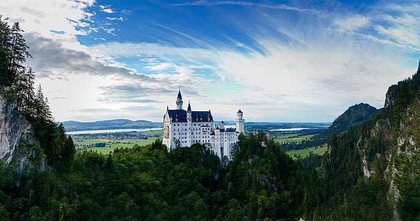 neuschwanstein, construction, architecture, keep, building, castle, forest, tree, nature, landscape, building exterior, built structure, travel destinations, plant, cloud - sky, sky, history, the past, no people, travel, day, city, tourism, mountain, scenics - nature, outdoors, cityscape, 2K, CC0, public domain, royalty free