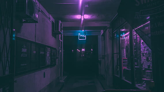 empty, room, lights, illuminated, architecture, built structure, lighting equipment, indoors, night, building, communication, no people, sign, direction, corridor, purple, glowing, city, entrance, the way forward, neon, reflection, ceiling, light, 4K, CC0, public domain, royalty free