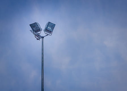 blue, sky, clouds, lights, lamp post, spot lights, low angle view, lighting equipment, floodlight, cloud - sky, street light, street, pole, nature, no people, tall - high, day, outdoors, light, electric light, electricity, beauty in nature, metal, gas light, electric lamp, electrical equipment, 2K, CC0, public domain, royalty free
