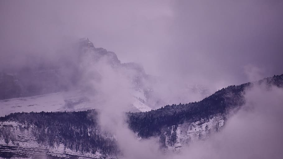 Góra, niebo, Chmura, śnieg, las, drzewo, Natura, tło, Tapeta, hdwallpaper, mgła, środowisko, scenics - natura, piękno natury, krajobraz, żadnych ludzi, roślina, chmura - niebo, zimna temperatura, spokojna scena, zimowy, wylądować, scena pozamiejska, spokój, sosna, smog, 4K