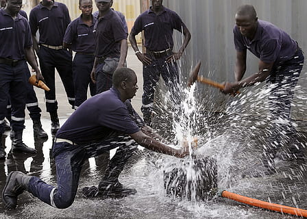 firefighter, fighter, exercise, training, water, motion, splashing, men, group of people, people, sport, blurred motion, nature, full length, adult, occupation, lifestyles, group, outdoors, safety, real people, strength, males, effort, uniform, aggression, 1080P, CC0, public domain, royalty free