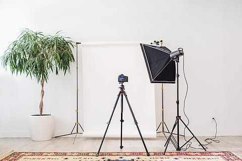 home camera, set, photo, Camera, photography themes, tripod, technology, no people, absence, indoors, camera - photographic equipment, white background, plant, photographic equipment, nature, creativity, lighting equipment, studio shot, wall - building feature, communication, day, equipment, photo shoot, digital camera, behind the scenes, 4K, CC0, public domain, royalty free