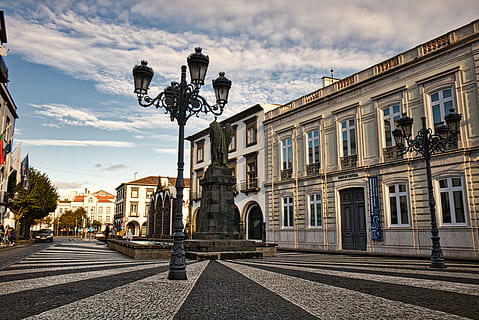 architecture, wide, construction, default, history, street, lamp, statue, facade, ponta delgada, azores, comanche, building exterior, built structure, sky, cloud - sky, city, building, nature, road, the past, day, transportation, window, lighting equipment, street light, outdoors, no people, 5K, CC0, public domain, royalty free