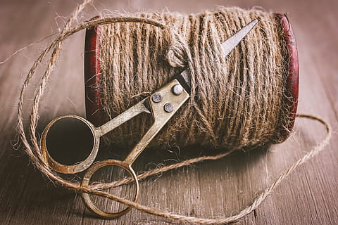 brown thread , scissors, string, thread, wood - material, no people, indoors, close-up, still life, creativity, art and craft, craft, textile, rope, brown, old, directly above, high angle view, wool, spool, focus on foreground, ball of wool, 5K, CC0, public domain, royalty free