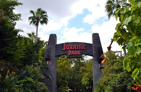 jurassic park, clouds, daylight, environment, flora, florida, garden, growth, landscape, nature, orlando, outdoors, park, sky, summer, tourism, travel, trees, universal studios, tree, text, plant, western script, communication, low angle view, cloud - sky, day, no people, sign, green color, information, architecture, tranquility, leaf, information sign, 4K, CC0, public domain, royalty free
