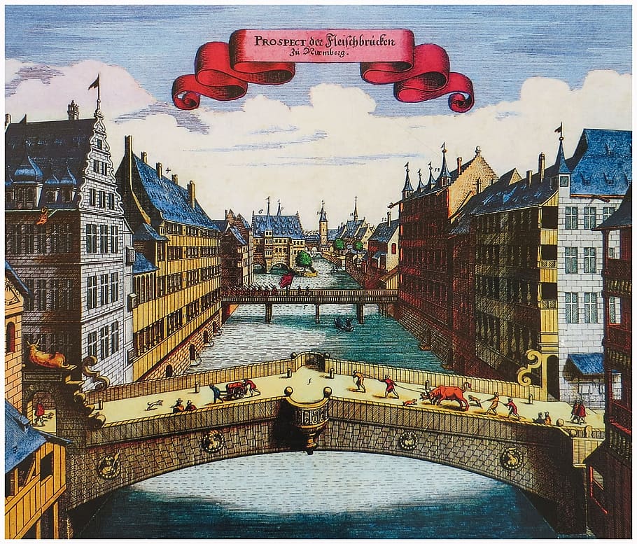 Nuremberg, ciudad, presentación, objeto, proyecto, antiguo, arquitectura, estructura construida, exterior del edificio, agua, naturaleza, río, edificio, transporte, modo de transporte, nadie, día, barco náutico, cielo, destinos de viaje, vista de alto ángulo, puente, texto, puente - estructura hecha por el hombre, al aire libre, 1080P
