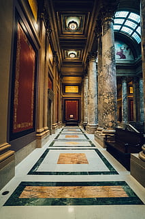 empty lobby, architecture, building, ceiling, columns, design, indoors, museum, pillars, built structure, no people, empty, flooring, architectural column, the past, arcade, history, arch, direction, day, corridor, lighting equipment, the way forward, window, ornate, tiled floor, 5K, CC0, public domain, royalty free