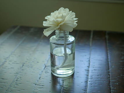 essential, oil diffuser, flower, top, sitting, wooden, desk., wood, diffuser, aromatic, humidifier, aroma, oil, florwer, table, air, freshner, device, care, house, aromatherapy, inhalation, modern, smell, natural, fragrance, white, flowering plant, plant, glass - material, water, nature, indoors, vase, freshness, no people, vulnerability, fragility, flower head, close-up, inflorescence, petal, container, transparent, glass, flower arrangement, purity, 4K, CC0, public domain, royalty free