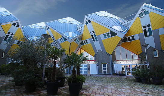 architecture, building, infrastructure, structure, establishment, apartment, windows, roof, ceiling, sky, building exterior, built structure, plant, tree, potted plant, nature, modern, house, city, no people, residential district, growth, in a row, cloud - sky, outdoors, business, yellow, luxury, 5K, CC0, public domain, royalty free