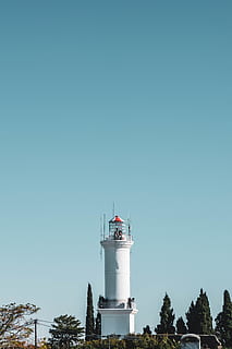 blanc, torre, envoltat, arbres, cel, cel clar, còpia espai, estructura construïda, arquitectura, exterior de l'edifici, blau, naturalesa, arbre, planta, cap gent, dia, edifici, orientació, seguretat, protecció, far, vista d’angle baix, direcció, a l'aire lliure, 5K, CC0, domini públic, lliure de regalies