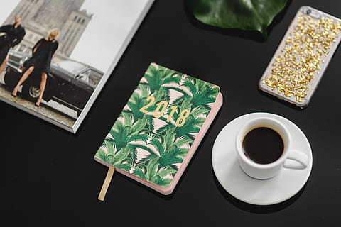 top, view, black, table, 2018 calendar agenda, food and drink, cup, drink, mug, coffee, coffee cup, coffee - drink, crockery, refreshment, saucer, indoors, high angle view, food, hot drink, plant part, leaf, freshness, tea, plant, no people, tea cup, 5K, CC0, public domain, royalty free