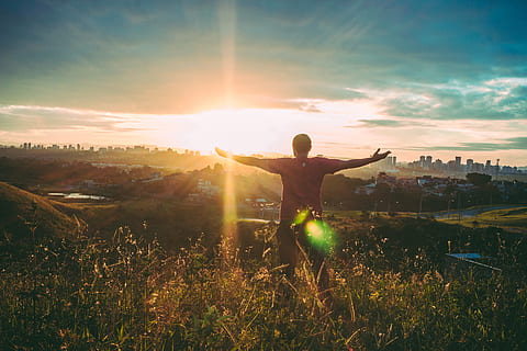 person, spreading, hands, sun, back view, backlit, clouds, dawn, dusk, evening, fair weather, dom, grass, hill, landscape, light, man, nature, open arms, outdoors, recreation, silhouette, sky, summer, sunglare, sunset, travel, weather, one person, sunlight, leisure activity, lens flare, architecture, lifestyles, building exterior, human arm, land, rear view, built structure, arms outstretched, real people, standing, sunbeam, men, cloud - sky, limb, arms raised, cityscape, bright, 5K, CC0, public domain, royalty free