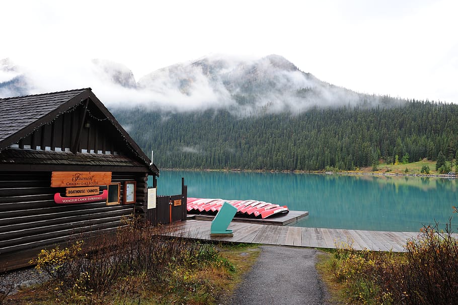 Marrone, capannone, lago, canoe, luce del giorno, ponte, ambiente, nebbia, foresta, erba, paesaggio, baita, montagna, natura, panoramico, alberi, acqua, boschi, albero, scenics - natura, scena tranquilla, pianta, la tranquillità, bellezza nella natura, cielo, giorno, scena non urbana, nessuno, architettura, struttura costruita, idilliaco, esterno dell'edificio, all'aperto, 4K