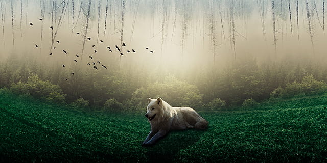 Manipulation, Wolf, Holz, Baum, Vögel, Tierthemen, Tier, Säugetier, Wirbeltier, Tierwelt, Pflanze, Nebel, Land, Natur, Tiere in freier Wildbahn, Gras, ein Tier, Feld, Haustiere, keine Leute, Wald, 5K, CC0, gemeinfrei, lizenzfrei