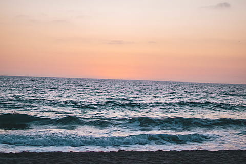 sea during sunset, beach, clouds, coast, dramatic, golden hour, horizon, landscape, nature, ocean, sand, sea, seascape, seashore, sky, sunset, water, waves, horizon over water, beauty in nature, scenics - nature, motion, wave, tranquility, land, idyllic, tranquil scene, orange color, aquatic sport, surfing, outdoors, 5K, CC0, public domain, royalty free