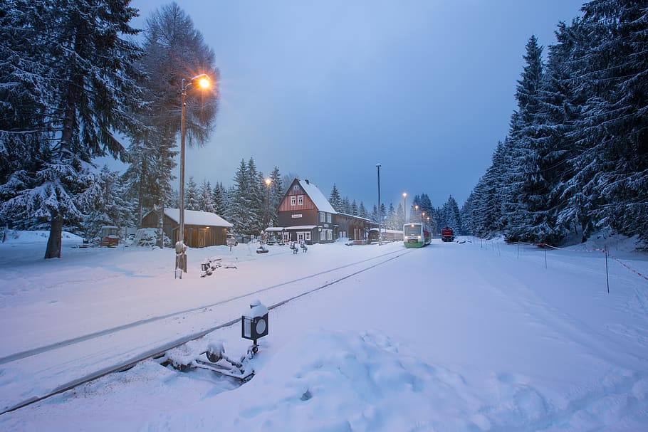 treno, inverno, notte, sera, buio, luce, photoshop, legna, carina, la neve, temperatura fredda, albero, pianta, copertura, esterno dell'edificio, architettura, natura, struttura costruita, Colore bianco, cielo, strada, illuminato, lampione, congelato, bellezza nella natura, costruzione, città, all'aperto, tempo estremo, montagna innevata, neve polverosa, 5K