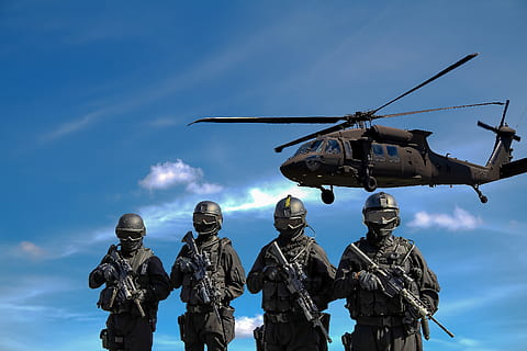 four, soldiers, carrying, rifles, helicopter, blue, sky, army, attack, commando, dangerous, defence, help, law, military, police, service, special task force, SWAT team, teamwork, war, weapons, armed forces, government, air vehicle, army soldier, nature, day, gun, transportation, weapon, military uniform, mode of transportation, uniform, cloud - sky, low angle view, special forces, 4K, CC0, public domain, royalty free