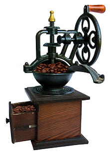 Kaffee, Schleifer, Maschine, Objekt, Metall, Getränk, dunkel, Stillleben, weißer Hintergrund, drinnen, Studioaufnahme, keine Leute, Holz - Material, Nahansicht, ausgeschnitten, alt, Container, Antiquität, Maschinen, Rahmen, rostig, Gewichtsskala, schwarze Farbe, einzelnes Objekt, Retro-Stil, 2K, CC0, gemeinfrei, lizenzfrei