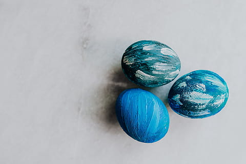 blue easter eggs, blue, eggs, colorful, easter, painted, still life, indoors, studio shot, no people, sphere, group of objects, close-up, easter egg, white background, green color, shiny, high angle view, copy space, celebration, purple, three objects, multi colored, 4K, CC0, public domain, royalty free