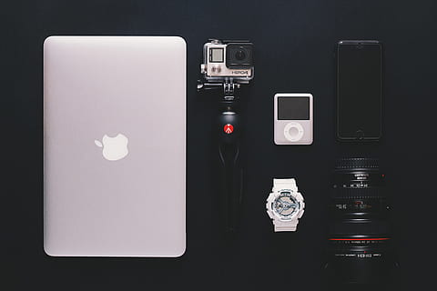 photography gear, technology, tech, indoors, camera - photographic equipment, no people, wireless technology, studio shot, photography themes, communication, black background, connection, portable information device, still life, directly above, camera, modern, mobile phone, smart phone, digital camera, computer, group of objects, 2K, CC0, public domain, royalty free