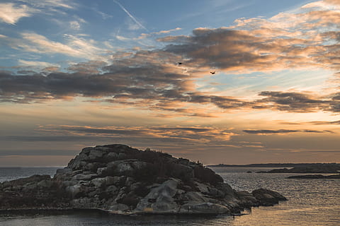 island, surrounded, sea, stratus clouds, bay, beach, cloud, clouds, cloudy, cloudy skies, cloudy sky, colour, dark, dawn, distant, dusk, evening, horizon, landscape, ocean, outdoors, rock, seascape, seashore, sun, sunset, travel, water, sky, cloud - sky, rock - object, solid, beauty in nature, scenics - nature, nature, tranquility, land, tranquil scene, rock formation, no people, idyllic, horizon over water, stack rock, 5K, CC0, public domain, royalty free