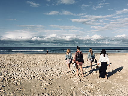 woman, walking, seashore, beach, clouds, daytime, from behind, landscape, ocean, people, sand, sea, together, water, waves, women, land, group of people, sky, horizon over water, cloud - sky, real people, leisure activity, nature, lifestyles, horizon, men, scenics - nature, beauty in nature, friendship, 4K, CC0, public domain, royalty free